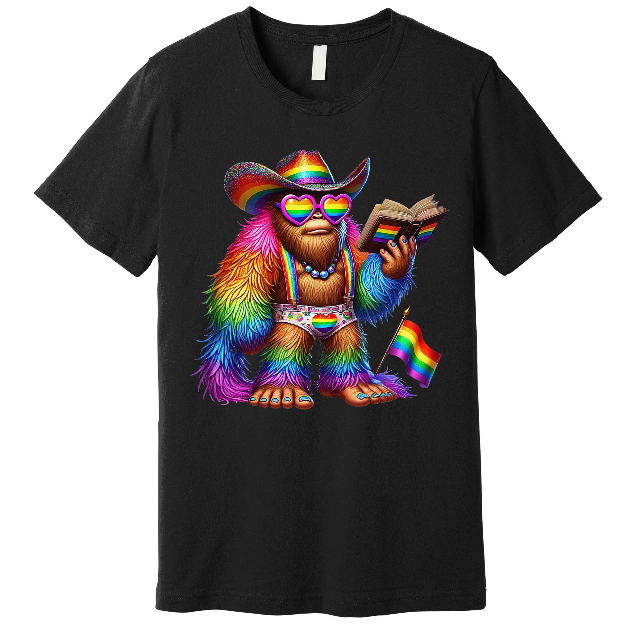 Funny Rainbow Pride Bigfoot Reading Book With Heart Glasses Premium T-Shirt