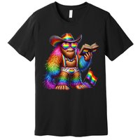 Funny Rainbow Pride Bigfoot Reading Book With Heart Glasses Premium T-Shirt