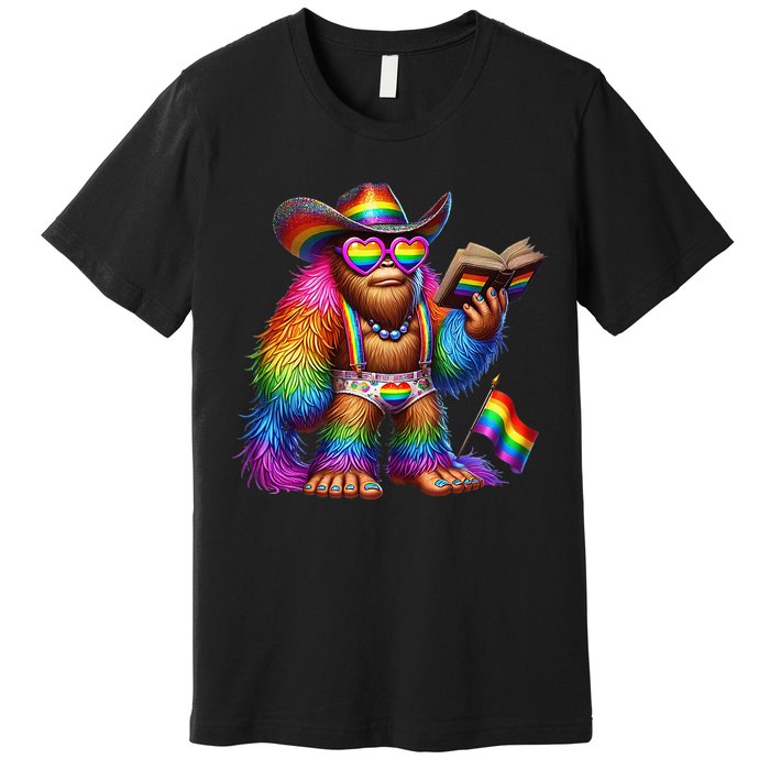 Funny Rainbow Pride Bigfoot Reading Book With Heart Glasses Premium T-Shirt