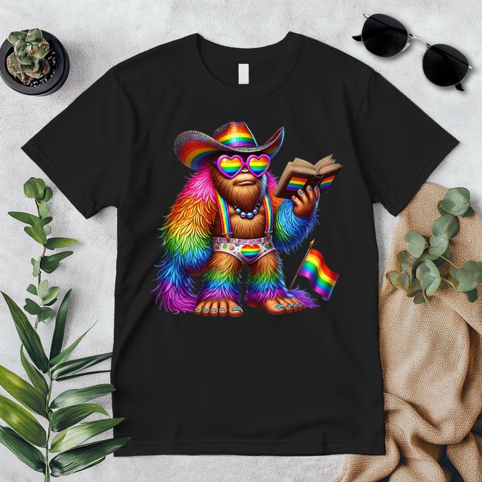Funny Rainbow Pride Bigfoot Reading Book With Heart Glasses Premium T-Shirt