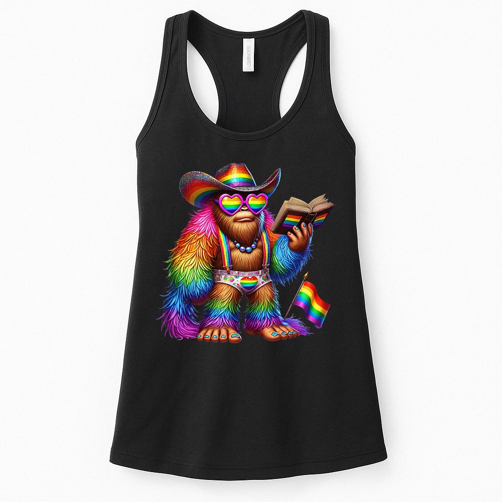 Funny Rainbow Pride Bigfoot Reading Book With Heart Glasses Womens Tank Top