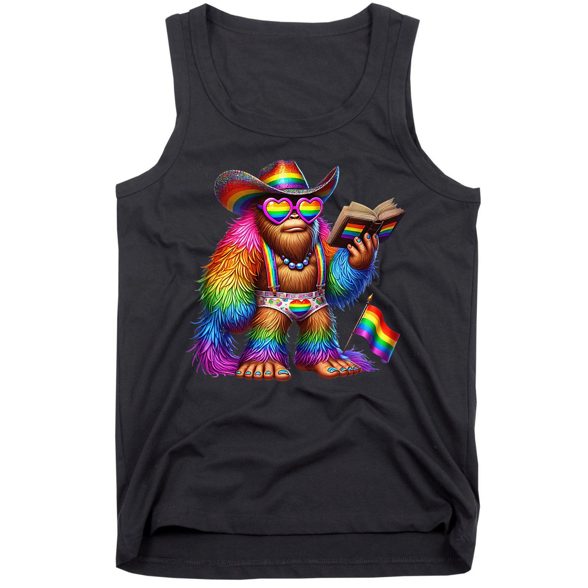 Funny Rainbow Pride Bigfoot Reading Book With Heart Glasses Tank Top