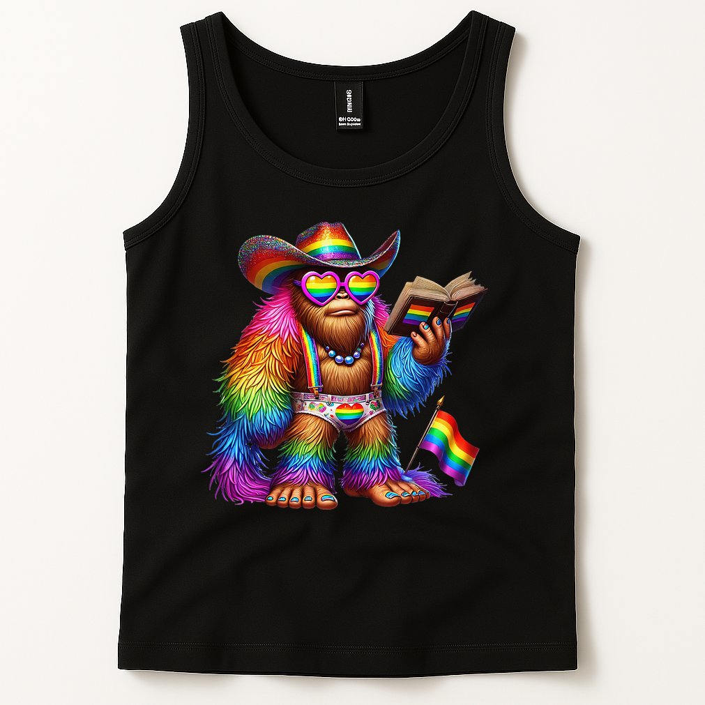 Funny Rainbow Pride Bigfoot Reading Book With Heart Glasses Tank Top