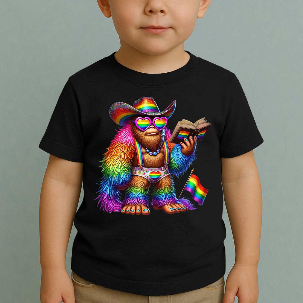 Funny Rainbow Pride Bigfoot Reading Book With Heart Glasses Toddler T-Shirt