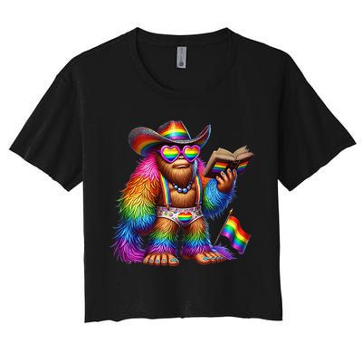 Funny Rainbow Pride Bigfoot Reading Book With Heart Glasses Women's Crop Top Tee