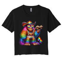 Funny Rainbow Pride Bigfoot Reading Book With Heart Glasses Women's Crop Top Tee