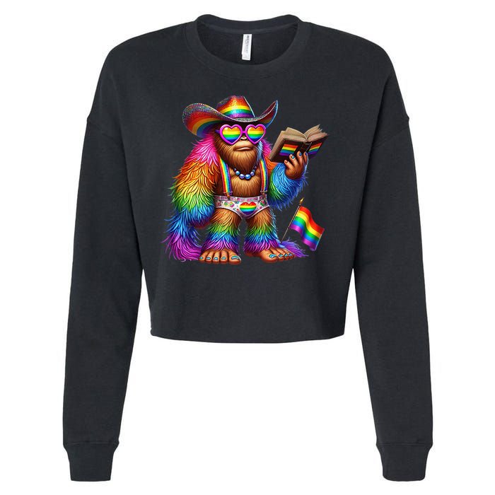 Funny Rainbow Pride Bigfoot Reading Book With Heart Glasses Cropped Pullover Crew