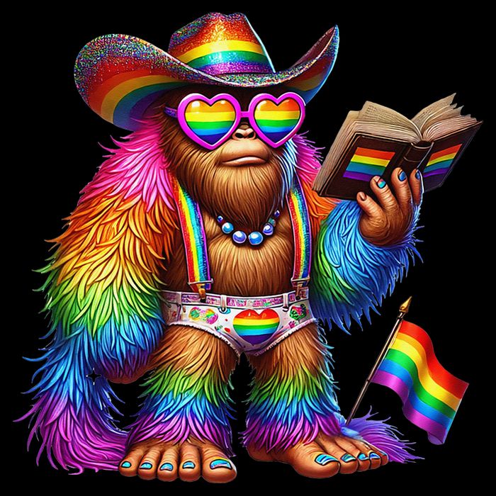 Funny Rainbow Pride Bigfoot Reading Book With Heart Glasses Cropped Pullover Crew