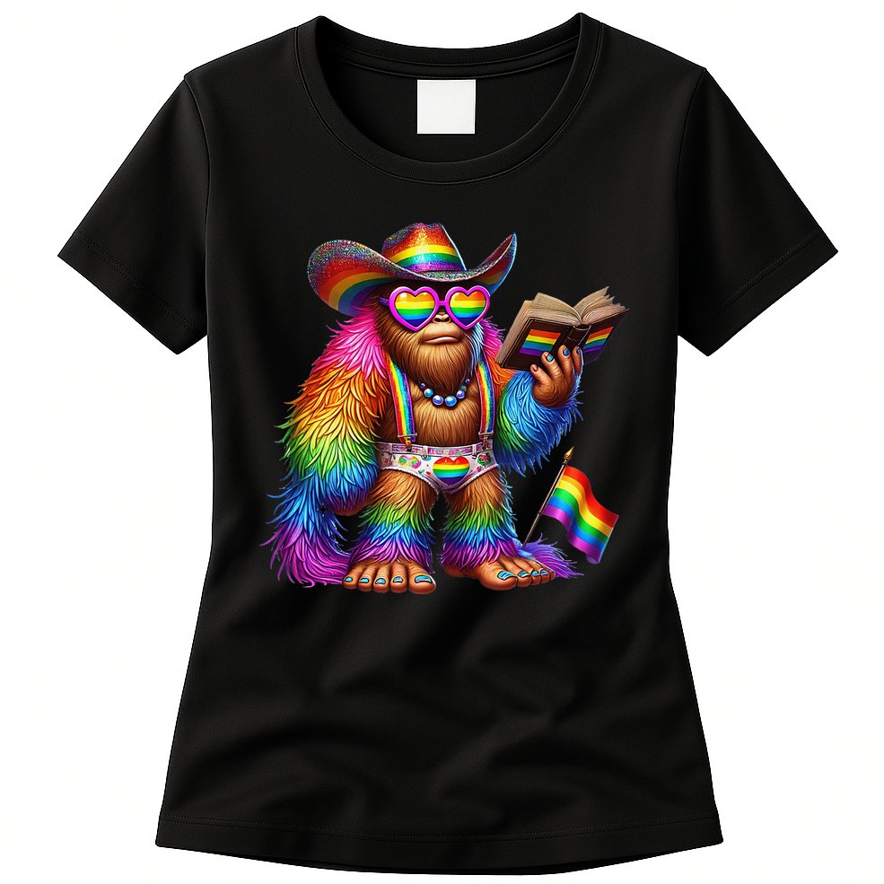 Funny Rainbow Pride Bigfoot Reading Book With Heart Glasses Womens T-Shirt