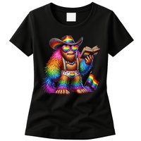 Funny Rainbow Pride Bigfoot Reading Book With Heart Glasses Womens T-Shirt