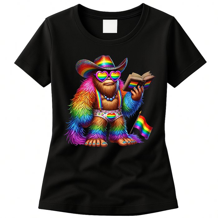 Funny Rainbow Pride Bigfoot Reading Book With Heart Glasses Womens T-Shirt