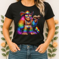 Funny Rainbow Pride Bigfoot Reading Book With Heart Glasses Womens T-Shirt