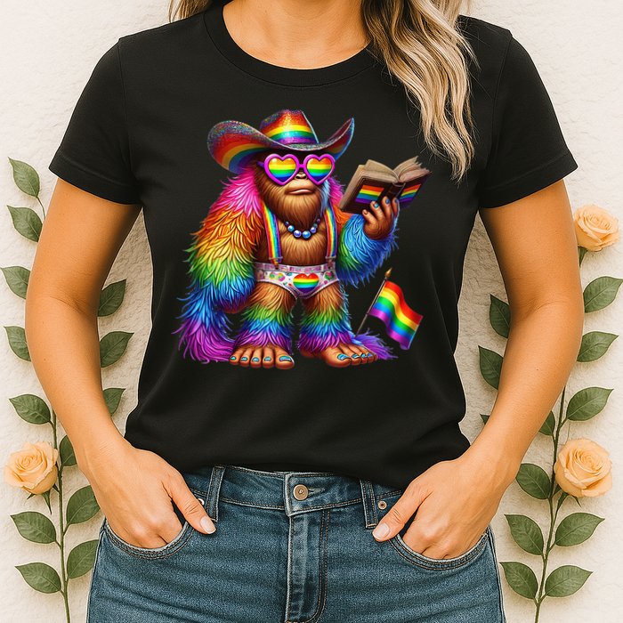 Funny Rainbow Pride Bigfoot Reading Book With Heart Glasses Womens T-Shirt