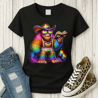 Funny Rainbow Pride Bigfoot Reading Book With Heart Glasses Womens T-Shirt