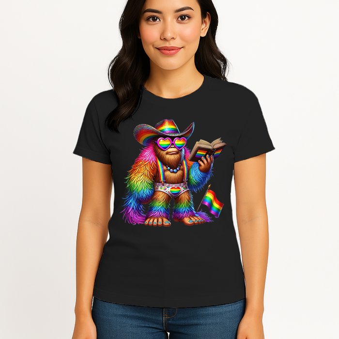Funny Rainbow Pride Bigfoot Reading Book With Heart Glasses Womens T-Shirt