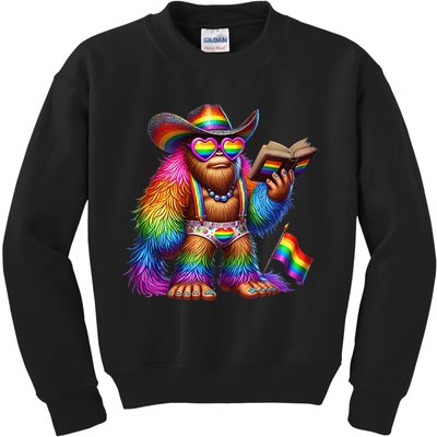 Funny Rainbow Pride Bigfoot Reading Book With Heart Glasses Kids Sweatshirt