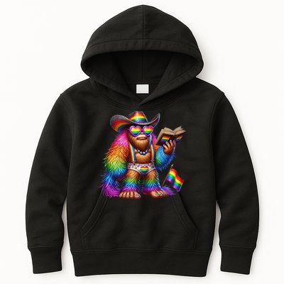 Funny Rainbow Pride Bigfoot Reading Book With Heart Glasses Kids Hoodie