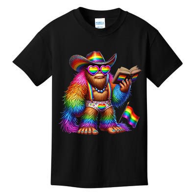 Funny Rainbow Pride Bigfoot Reading Book With Heart Glasses Kids T-Shirt