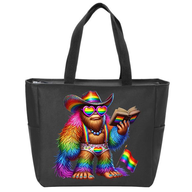 Funny Rainbow Pride Bigfoot Reading Book With Heart Glasses Zip Tote Bag