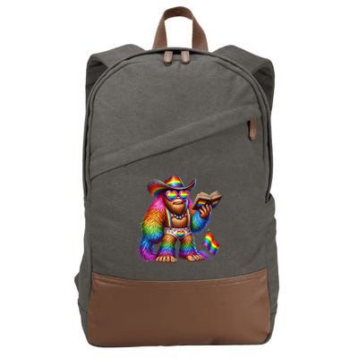 Funny Rainbow Pride Bigfoot Reading Book With Heart Glasses Cotton Canvas Backpack