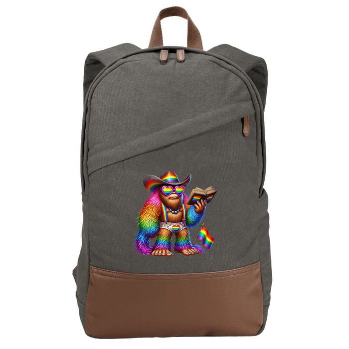Funny Rainbow Pride Bigfoot Reading Book With Heart Glasses Cotton Canvas Backpack
