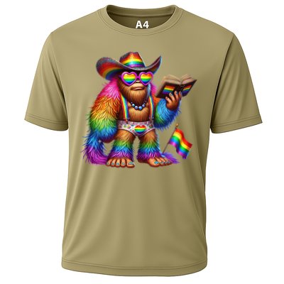 Funny Rainbow Pride Bigfoot Reading Book With Heart Glasses Cooling Performance Crew T-Shirt