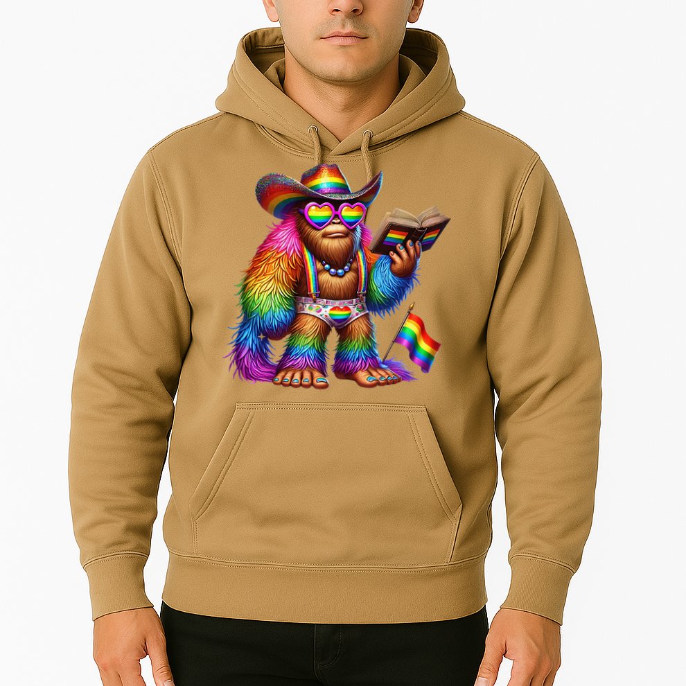 Funny Rainbow Pride Bigfoot Reading Book With Heart Glasses Hoodie