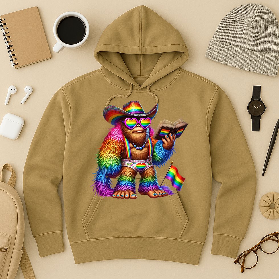 Funny Rainbow Pride Bigfoot Reading Book With Heart Glasses Hoodie