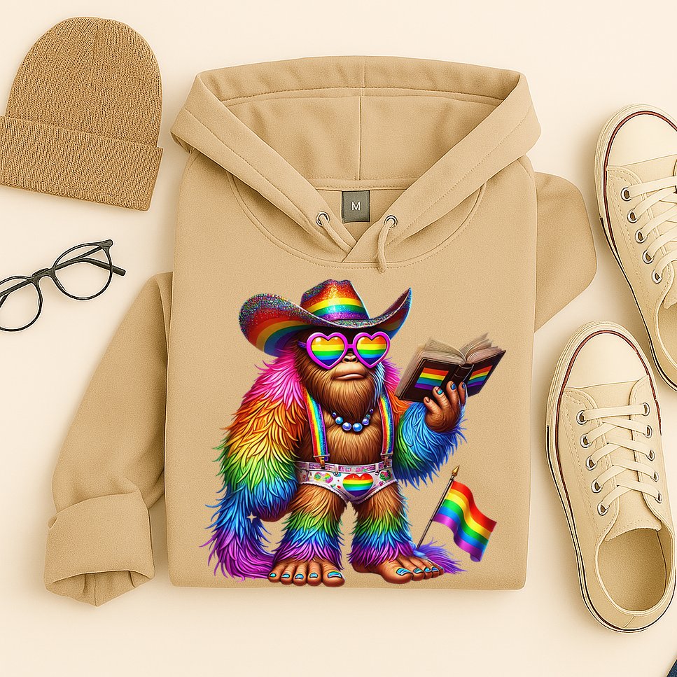 Funny Rainbow Pride Bigfoot Reading Book With Heart Glasses Hoodie