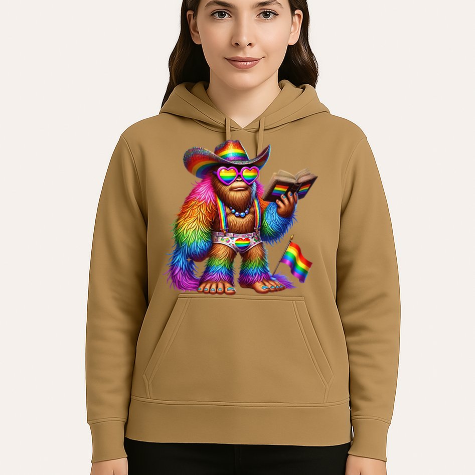 Funny Rainbow Pride Bigfoot Reading Book With Heart Glasses Hoodie