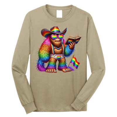 Funny Rainbow Pride Bigfoot Reading Book With Heart Glasses Long Sleeve Shirt