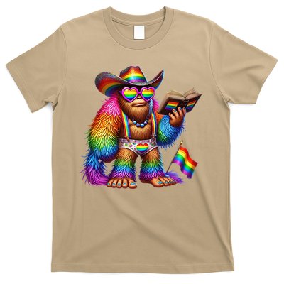 Funny Rainbow Pride Bigfoot Reading Book With Heart Glasses T-Shirt