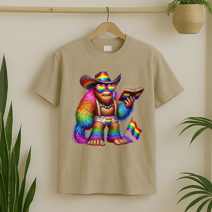 Funny Rainbow Pride Bigfoot Reading Book With Heart Glasses T-Shirt