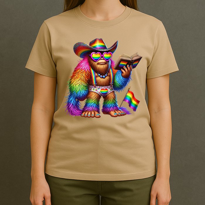 Funny Rainbow Pride Bigfoot Reading Book With Heart Glasses T-Shirt