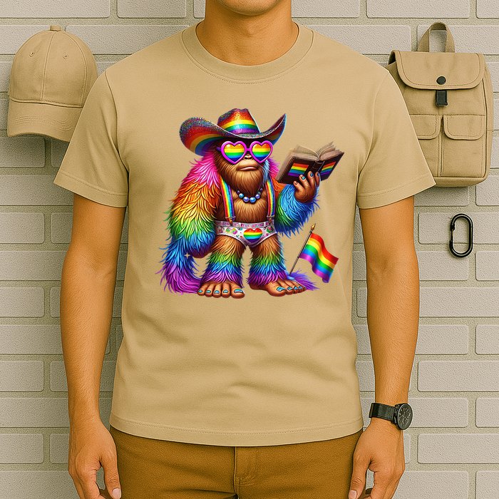 Funny Rainbow Pride Bigfoot Reading Book With Heart Glasses T-Shirt