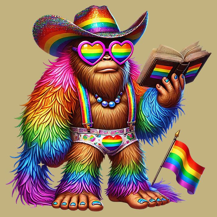 Funny Rainbow Pride Bigfoot Reading Book With Heart Glasses T-Shirt
