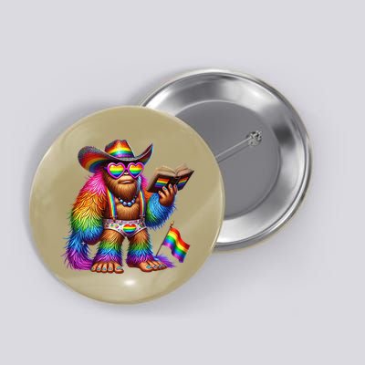 Funny Rainbow Pride Bigfoot Reading Book With Heart Glasses Button