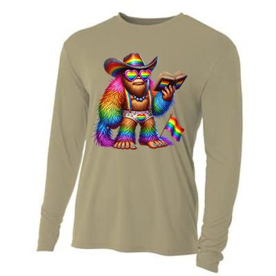 Funny Rainbow Pride Bigfoot Reading Book With Heart Glasses Cooling Performance Long Sleeve Crew