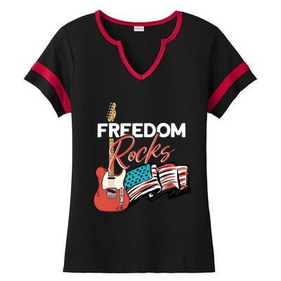 Freedom Rocks Patriotic American Flag Outfit 4th Of July Gift Ladies Halftime Notch Neck Tee