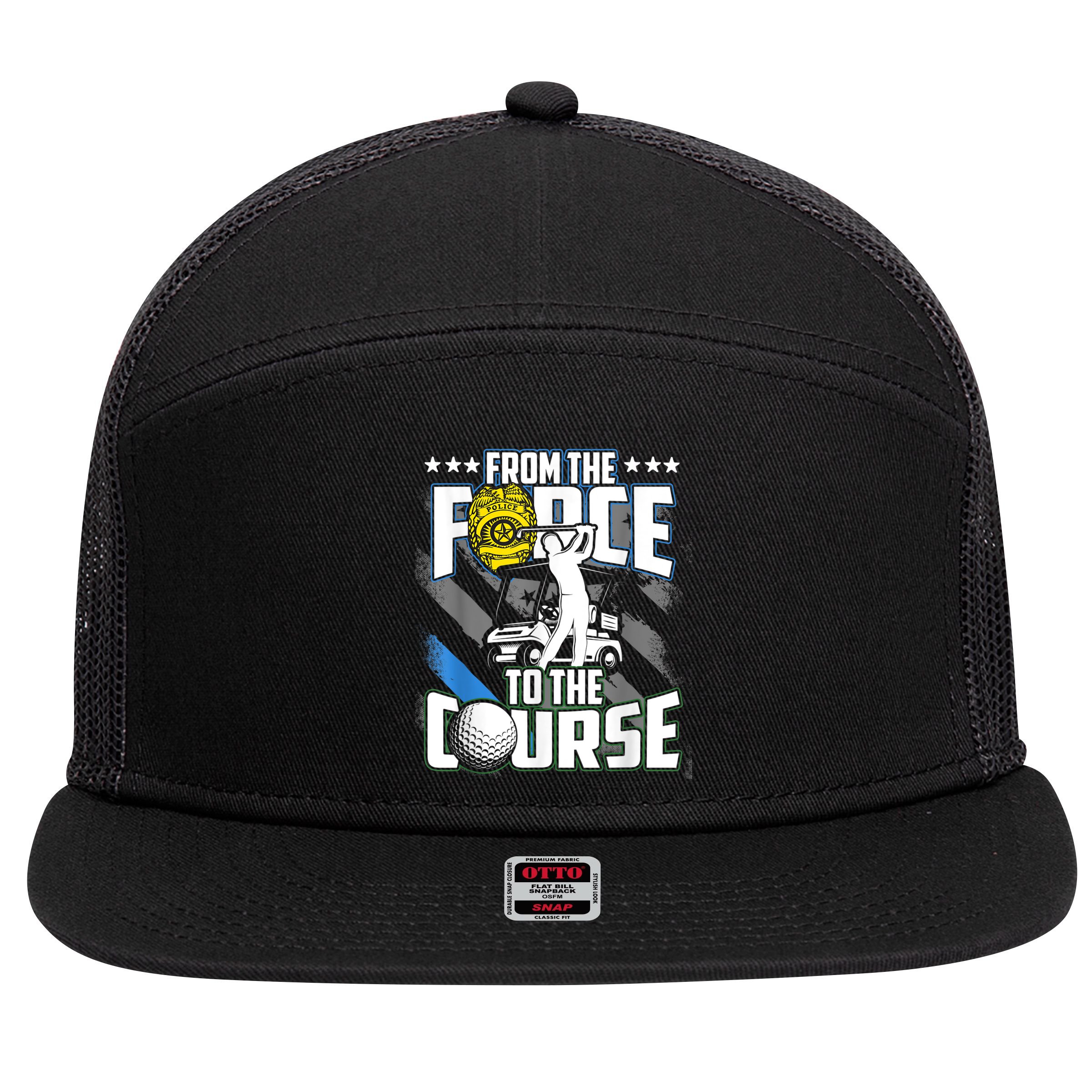 Funny Retired Police Officer Golf Retirement Gift 7 Panel Mesh Trucker Snapback Hat