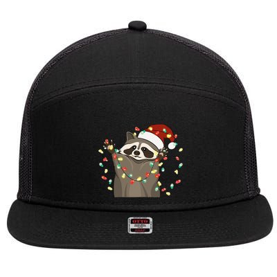 Festive Raccoon Pajamas Christmas Tree Lights Raccoon Lover 7 Panel Mesh Trucker Snapback Hat