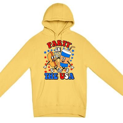 Funny Retro Party In The USA Retro Cartoon Hotdog Soda Pop Drink Premium Pullover Hoodie