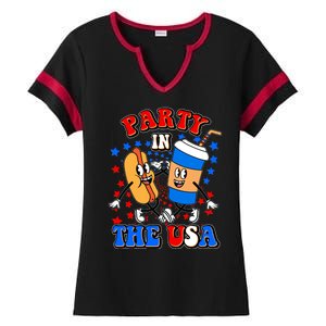 Funny Retro Party In The USA Retro Cartoon Hotdog Soda Pop Drink Ladies Halftime Notch Neck Tee