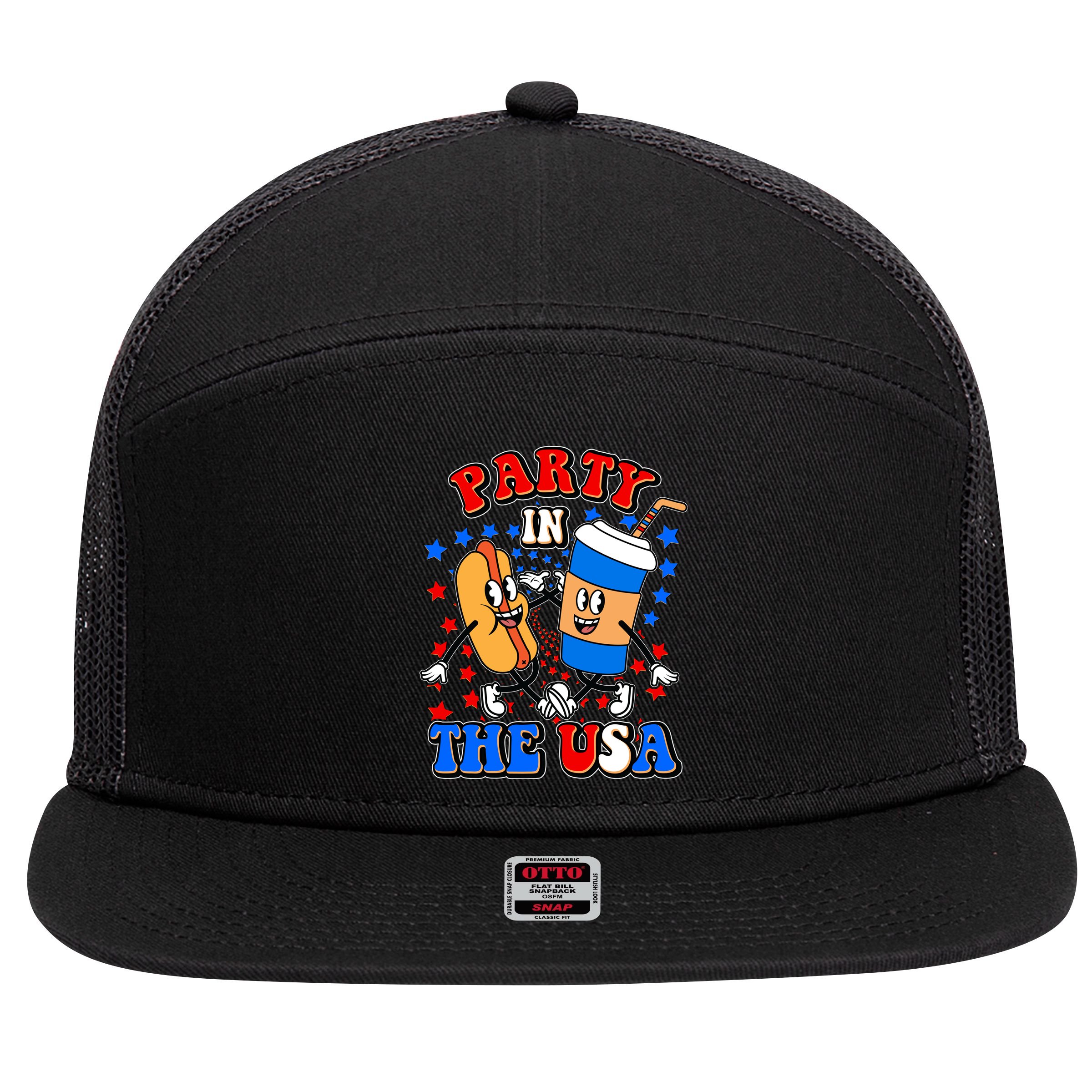 Funny Retro Party In The USA Retro Cartoon Hotdog Soda Pop Drink 7 Panel Mesh Trucker Snapback Hat