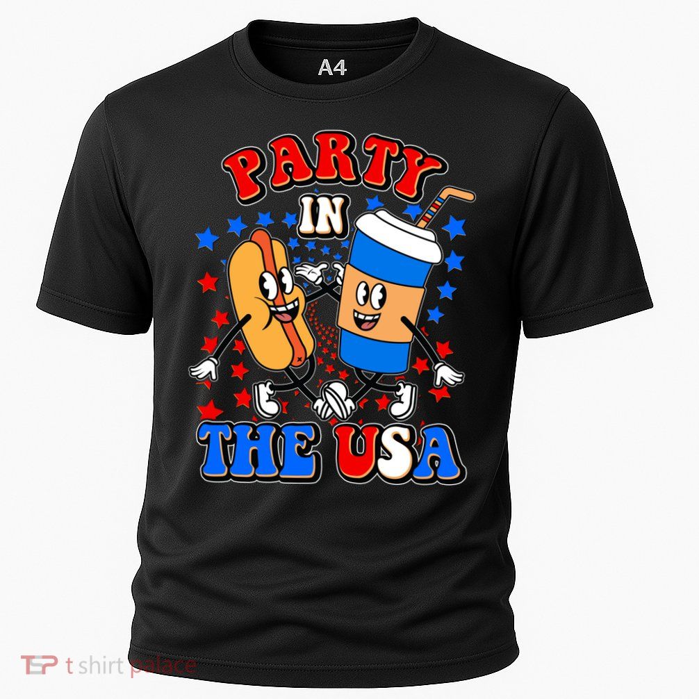 Funny Retro Party In The USA Retro Cartoon Hotdog Soda Pop Drink Cooling Performance Crew T-Shirt