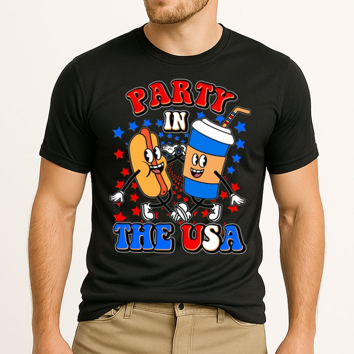 Funny Retro Party In The USA Retro Cartoon Hotdog Soda Pop Drink Performance Shirt