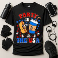 Funny Retro Party In The USA Retro Cartoon Hotdog Soda Pop Drink Performance Shirt