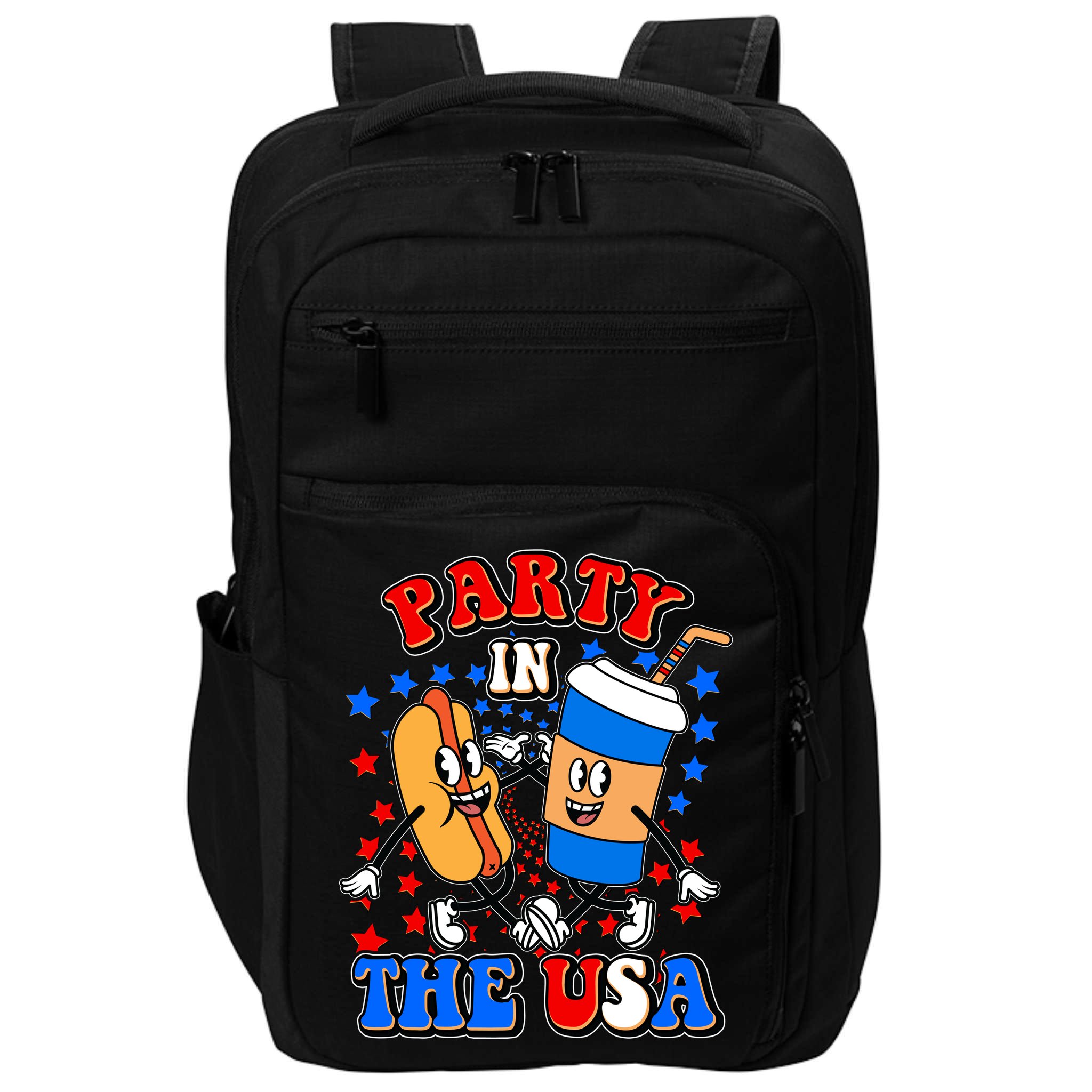 Funny Retro Party In The USA Retro Cartoon Hotdog Soda Pop Drink Impact Tech Backpack