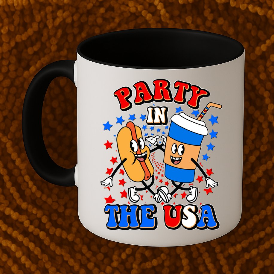 Funny Retro Party In The USA Retro Cartoon Hotdog Soda Pop Drink Mug