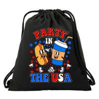 Funny Retro Party In The USA Retro Cartoon Hotdog Soda Pop Drink Drawstring Bag